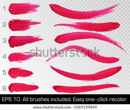 Red smears lipstick set texture brush strokes isolated on white transparent background. Make up. Vector illustration. Beauty and cosmetics colorful collection, hand drawn design element Royalty-Free Stock Photo #1069199849