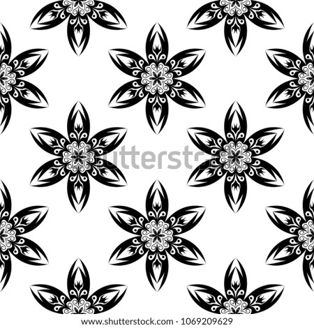 Black flowers on white background. Seamless pattern for textile and wallpapers