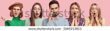 Shocked stressful four women and thoughtful bearded male in formal clothing, isolated over pink background. Displeased beautiful woman wears beret and spectacles. People, surprisment, negativity