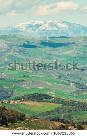 Landscape of Sicily from San Calado, at the horizon the mountain called "madonie" with snow.