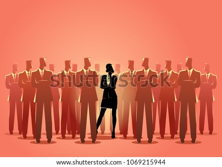 Business concept vector illustration of a businesswoman standing among businessmen. Living in a man's world concept Royalty-Free Stock Photo #1069215944