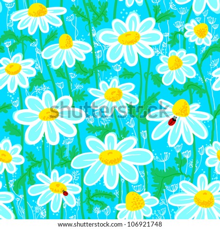 Seamless pattern with ladybirds and chamomile