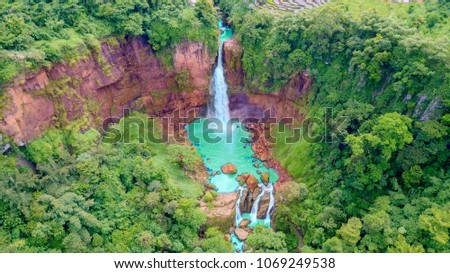 Top view of exotic Cikaso waterfall landscape in tropical forest at Sukabumi, West Java, Indonesia