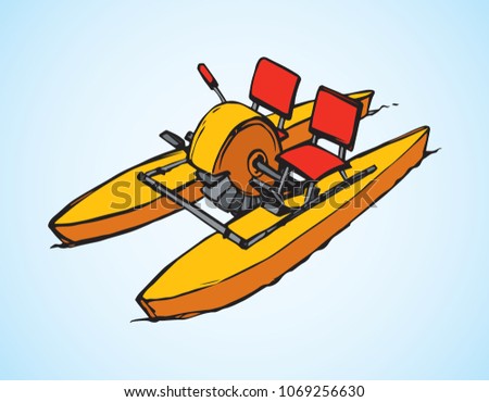 Watercraft two hulls orange bicycle skiff on white ocean backdrop. Bright red color hand drawn emblem in art retro cartoon doodle style. Isometric view with space for text on light blue pool surface