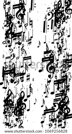 Musical Notes on White Background.  Vertical Orientation. Many Random Falling Bass, Treble Clef and Notes. Vector Musical Symbols.  Jazz Background. Abstract Black and White Vector Background.