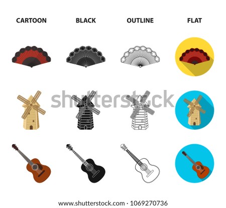 Fan Spanish, mill, guitar, skirt for national Spanish dances. Spain country set collection icons in cartoon,black,outline,flat style vector symbol stock illustration web.