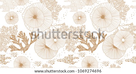 Hand drawn seamless vector pattern. Gold corals and algae on a white background for printing, fabric, textile, manufacturing, wallpapers. Sea bottom. Royalty-Free Stock Photo #1069274696