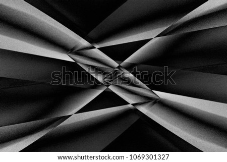Abstract modern architecture. Girders of minimalist building viewed in darkness through refraction prism. Contrast black and white chiaroscuro photo with distortion effect.