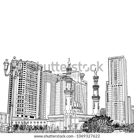 Hand drawn sketch of Mosque with skyscrapers in Dubai Marina district, UAE. Illustration, vector. 