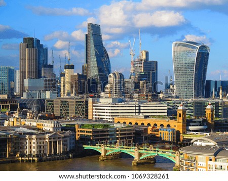 London landscape, London city, business center. City of London one of the leading centers of global finance. The City, one of the most important global financial center landmarks of the world