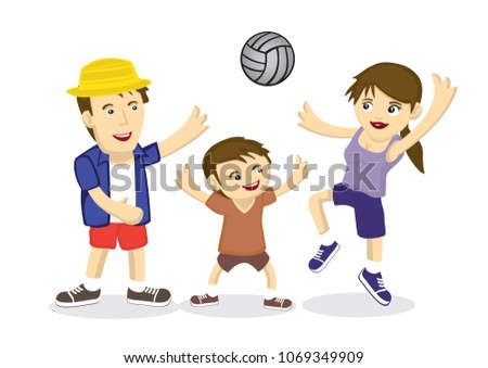 Illustration of a family of three playing volleyball. Concept of family bonding. Cartoon vector illustration.