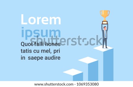 Happy Business Man Hold Golden Cup On Graph Bars Top Corporate Success Strategy Concept Isometric