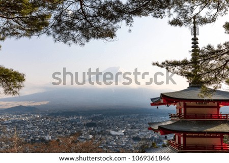 fuji mountain view in frame branch take photo on chureito pagoda red fujiyoshida yamanashi japan