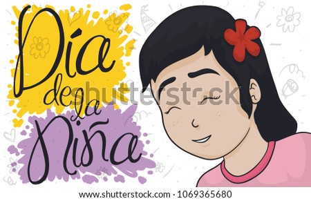Banner with happy smiling young girl with flower celebrating Children's Day (special Girl Child Day, written in Spanish) with funny doodle drawings in the background.