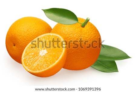 Whole fresh orange fruit next to orange lying on its side, half and green leaves isolated on white background