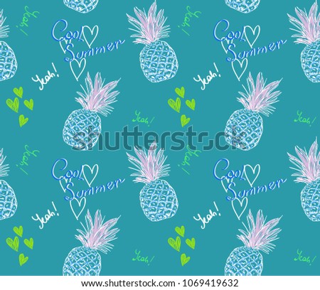 cute pineapple pattern with text cool summer and heart on blue background in doodle style