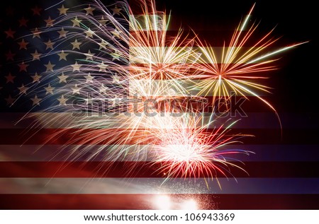 United States of America USA Flag with Fireworks Background For 4th of July Royalty-Free Stock Photo #106943369