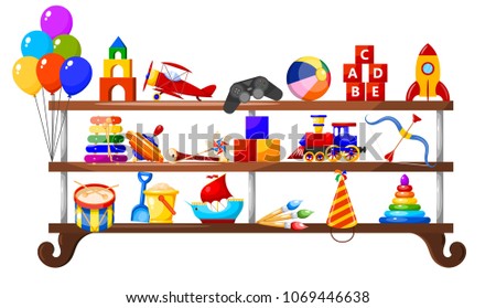 Color image group of icons of children's toys on a wooden shelf . Set of Isolated objects. Vector illustration