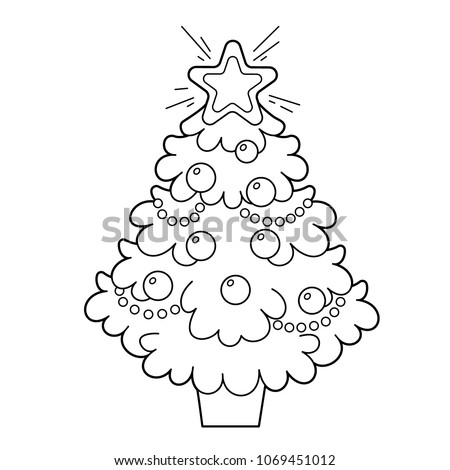 Christmas tree with ornaments and gifts. Christmas. New year. Coloring book for kids. Coloring Page Royalty-Free Stock Photo #1069451012