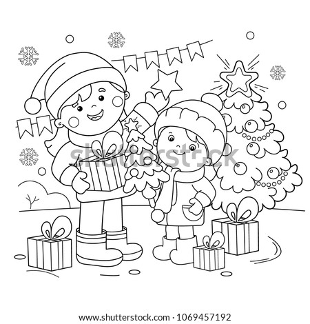 Coloring Page Outline Of children with gifts at Christmas tree. Christmas. New year. Coloring book for kids Royalty-Free Stock Photo #1069457192