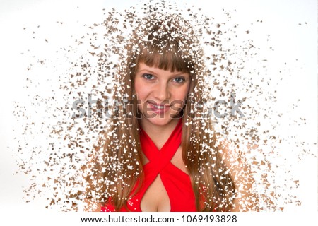 Portrait of a beautiful woman with explosion dispersion effect