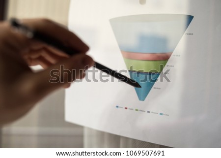 Male hand pointing with a pencil at a Sales Funnel chart printed on a white sheet of paper during a marketing meeting.