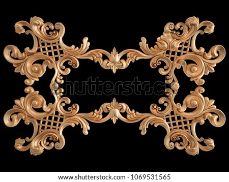Gold ornament on a black background. Isolated. 3D illustration