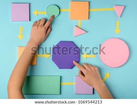 Woman putting items into algorithm. Colorful paper blocks and arrows. Computing, creating a program.