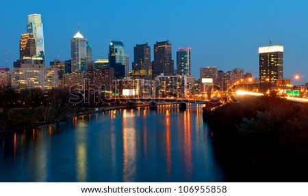 A view of Philadelphia; PennsylvaniaÃ¢Â?Â?s cityscape overlooking the Schuylkill River at night.  HDR from three exposures.