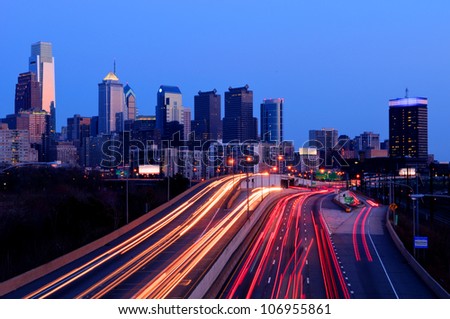 A view of Philadelphia; PennsylvaniaÃ¢Â?Â?s cityscape overlooking the Schuylkill Expressway at night.  HDR from three exposures.