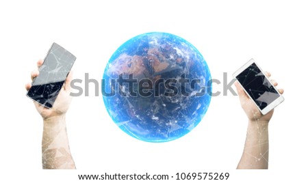 Hands Holding Smartphones With 3D Rendering Of Realistic Earth Planet Globe On White Background With Glow And Plexus Connection Net The Elements Of This Image Furnished By NASA