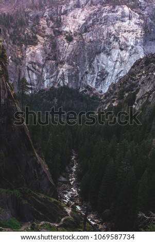 Waterfalls, rivers, hills, trees and paths. Beautiful and colourful nature of the Yosemite National Park in California, USA. No matter cloudy or sunny - always full of beautiful views and scenery