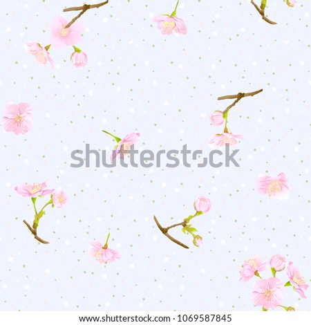 Seamless pattern, background with blooming cherry japanese sakura in soft rose pink colors. Stock vector illustration. c?olorful on sky blue background.