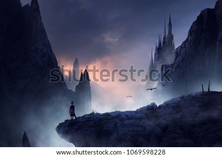  warrior or man standing on fantasy hill Royalty-Free Stock Photo #1069598228