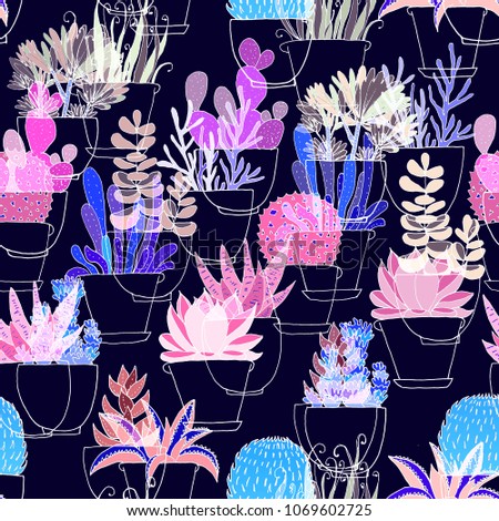 cactus and succulents colorful seamless pattern hand drawing illustration background