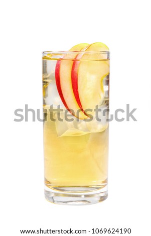 Transparent cocktail with syrup in a tall glass with crushed ice frappe and slices of a red apple. Side view. Isolated white background. Drink for the menu restaurant, bar, cafe Royalty-Free Stock Photo #1069624190