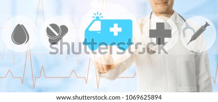 Emergency Service - Doctor points at ambulance and emergency medicine icon on medical background.