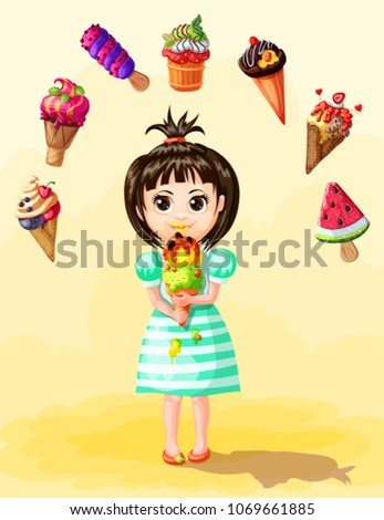 Cute girl eating ice cream template with different types of fruit icecreams in cartoon style vector illustration