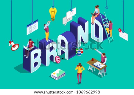 Brand vector text with employers working on branding design. Flat Isometric people illustration isolated on blue background. Can use for web banner, infographics, hero images. Royalty-Free Stock Photo #1069662998