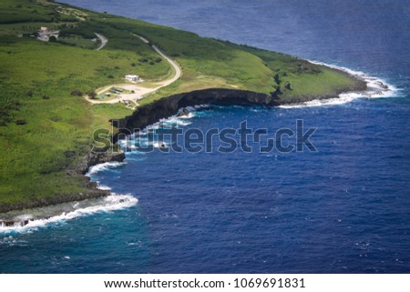 Aerial view of the northern tip of Saipan island in the Pacific Ocean. Banzai Cliff.
