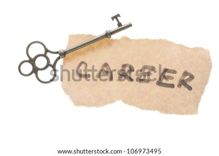 Old key and career word isolated on white background