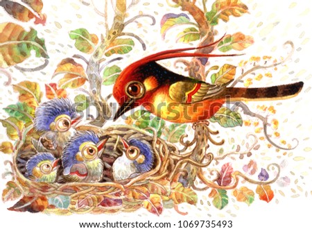 Sweet Family Birds watercolor illustration