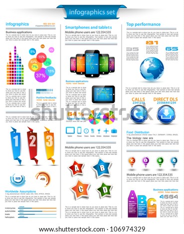 Infographics page with a lot of design elements like chart, globe, icons, graphics, maps, cakes, human shapes and so on. Ideal for business analisys rapresentation.