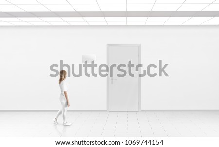 Woman stand near door with blank glass name plate mockup. Door sign mock up template on entry in cabinet. Office hall interior with nameplate on door. Clear closed door signage plate