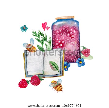 Jam and the recipe-book on a white background. Watercolor stock illustration is made manually. Use for a card, book or the magazine.