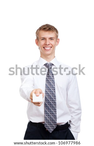 Business man happy smile holding a blank business card, give visiting, credit card, dressed in elegant shirt and tie, isolated over white background, Meeting concept