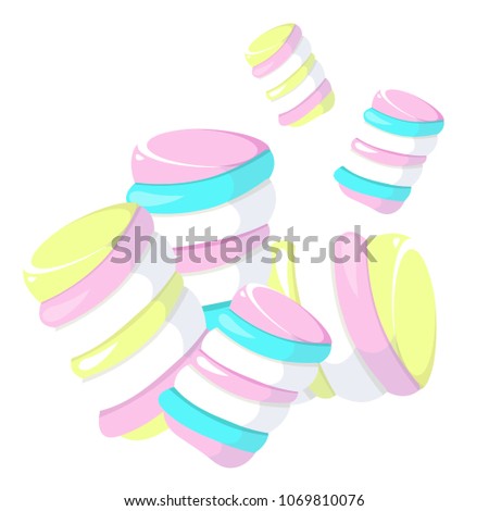 Sweet, cute tasty little colored zephyr, marshmallows. Pastel soft yellow, blue, purple colors. Delicious soft sweets Modern vector flat designe image isolated on white background. Can be used as logo