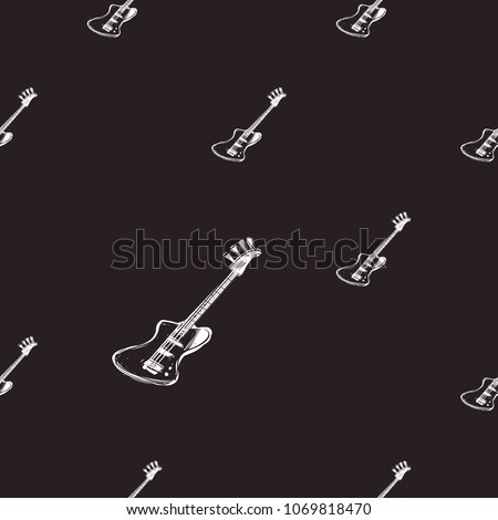Rock and roll seamless pattern with electric rock bass guitar. Vector hard rock doodle illustration. Cartoon rock star iconic backdrop for music band, concert, party. Isolated on black background.