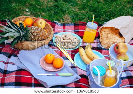 Picnic at the park on the grass: tablecloth basket healthy food and accessories top view