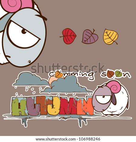 Autumnal vector card with funny cartoon sheep and text.
